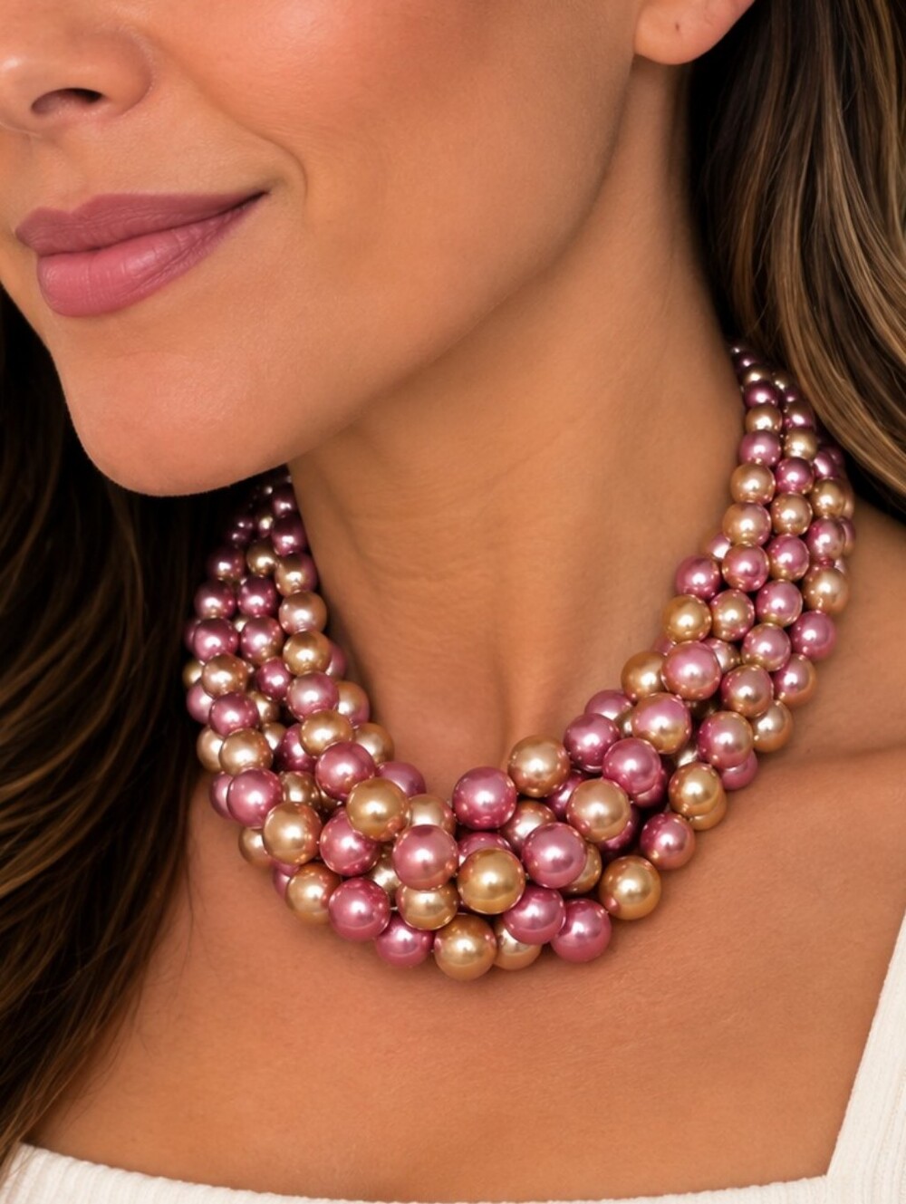 💎 Pink Champagne Faux Pearl Multi Strand Statement Necklace Braided Layered